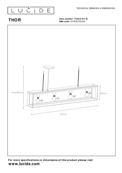 Lucide THOR - Hanglamp - 4xE27 - Grijs ijzer - technisch